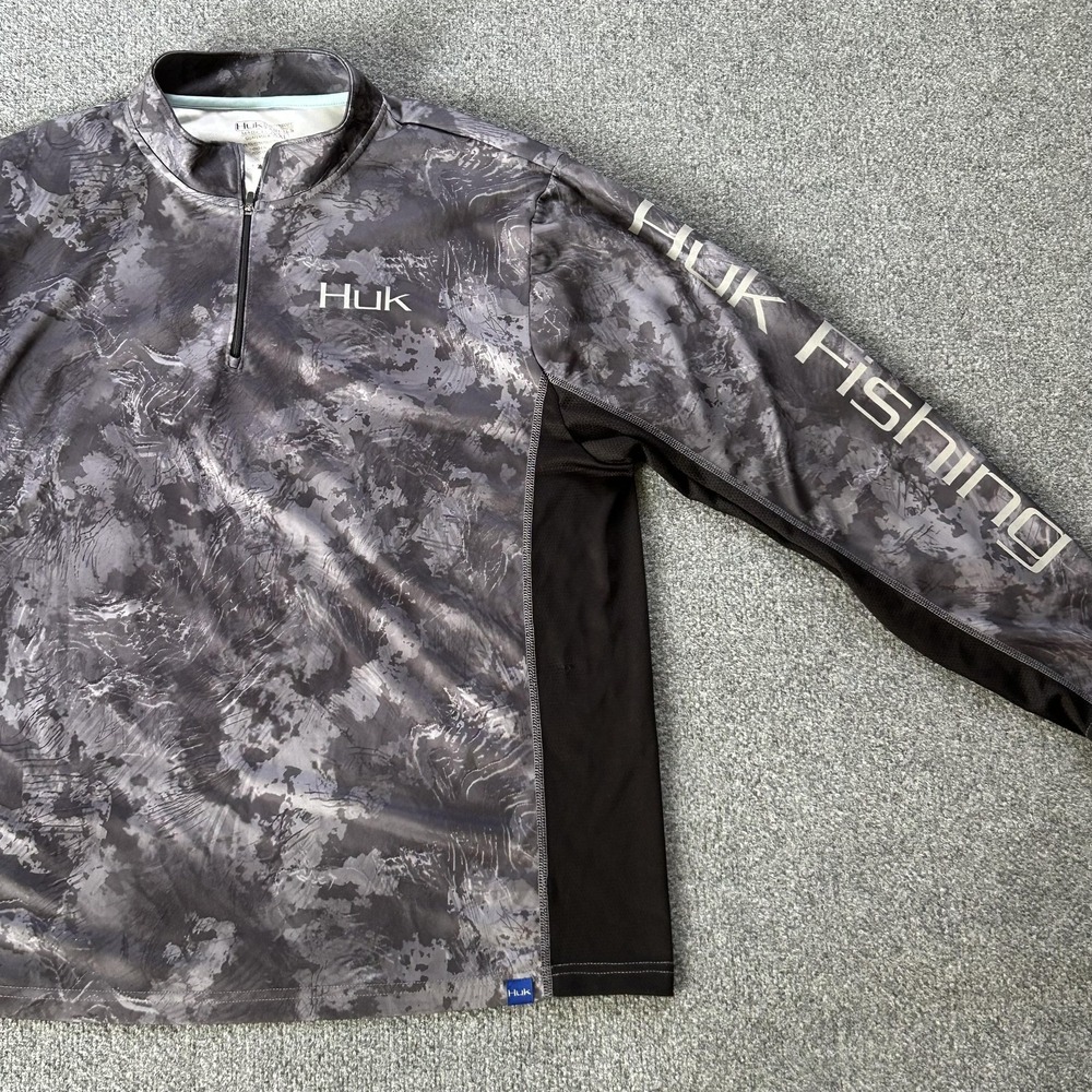 Huk Pullover Mens 2XL Gray Long Sleeve 1/4 Zip Camo Fishing Performance Top